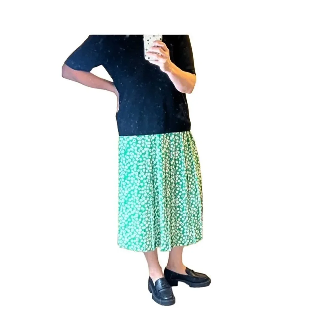 Vtg 90s Andrea Gayle Green Pleated Black White Floral Maxi Skirt 14.5” 12 M L